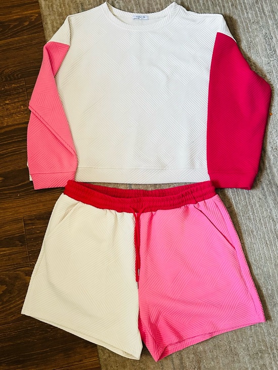 Double Take Sweaters - Double Take Colorblock Sweatshirt & Shorts Set - White, Pink, Hot Pink 2XL